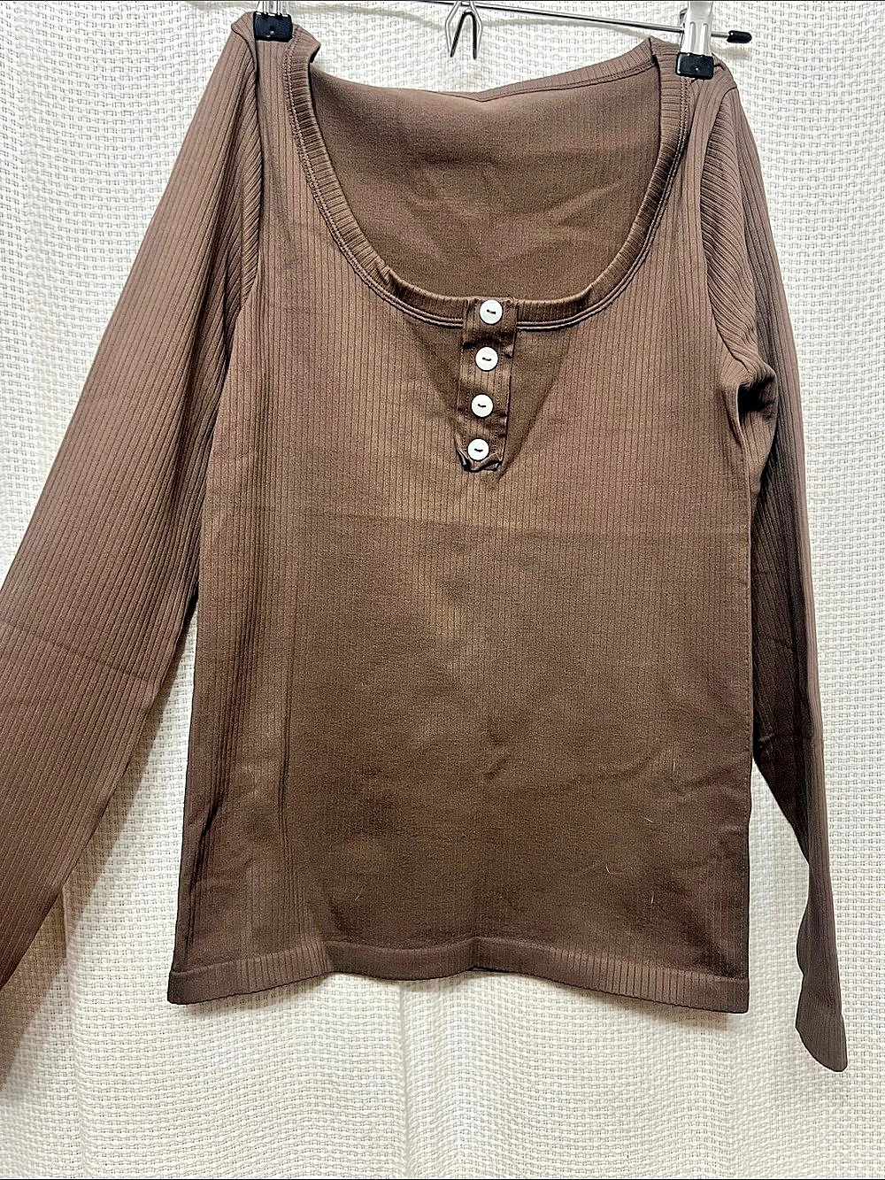 OQQ Ribbed Scoopneck Henley Longsleeve Top Brown Small